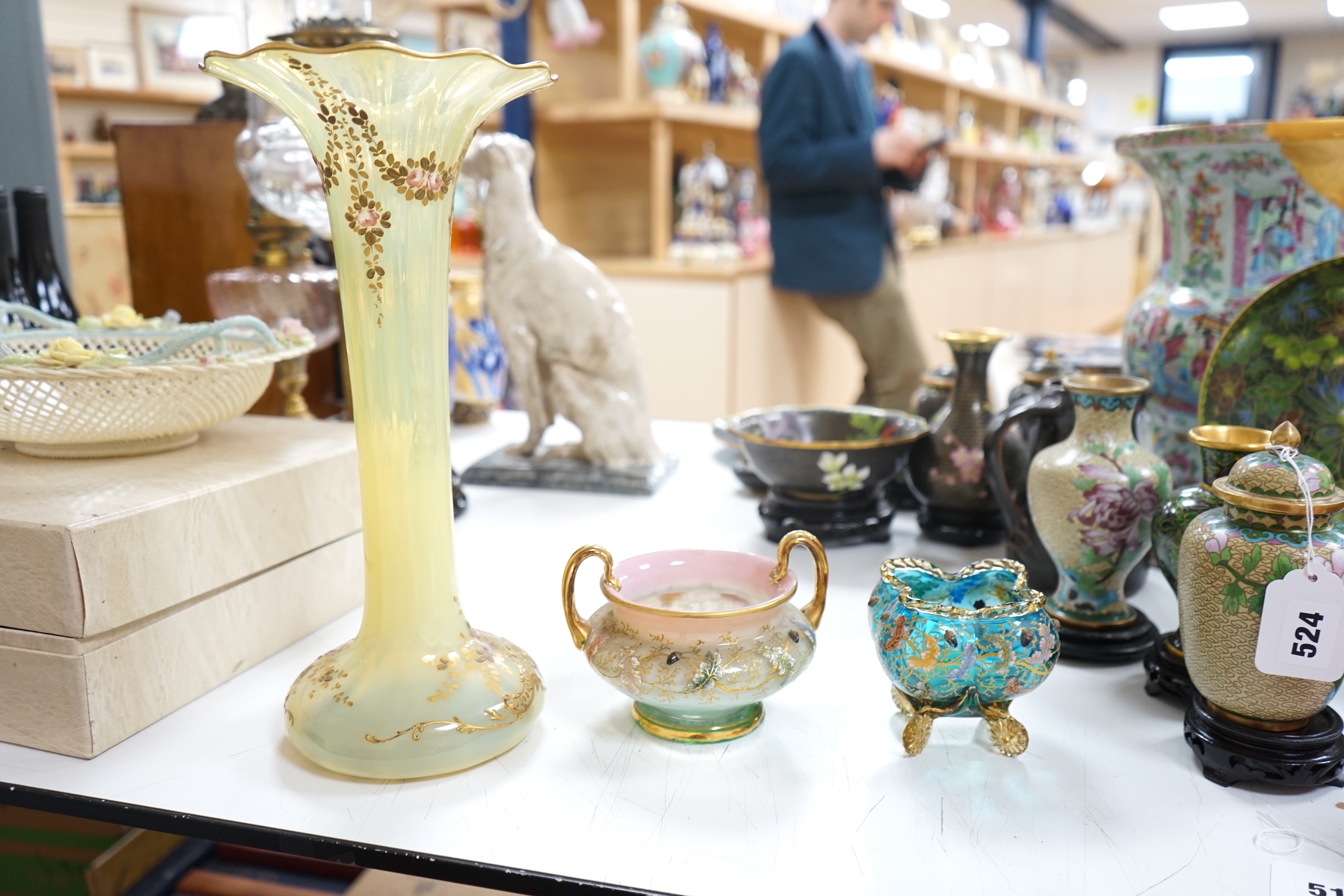 Three Bohemian gilt decorated glass vessels, including two Moser bowls and a tall Vaseline vase, 34.5cm high. Condition - good.